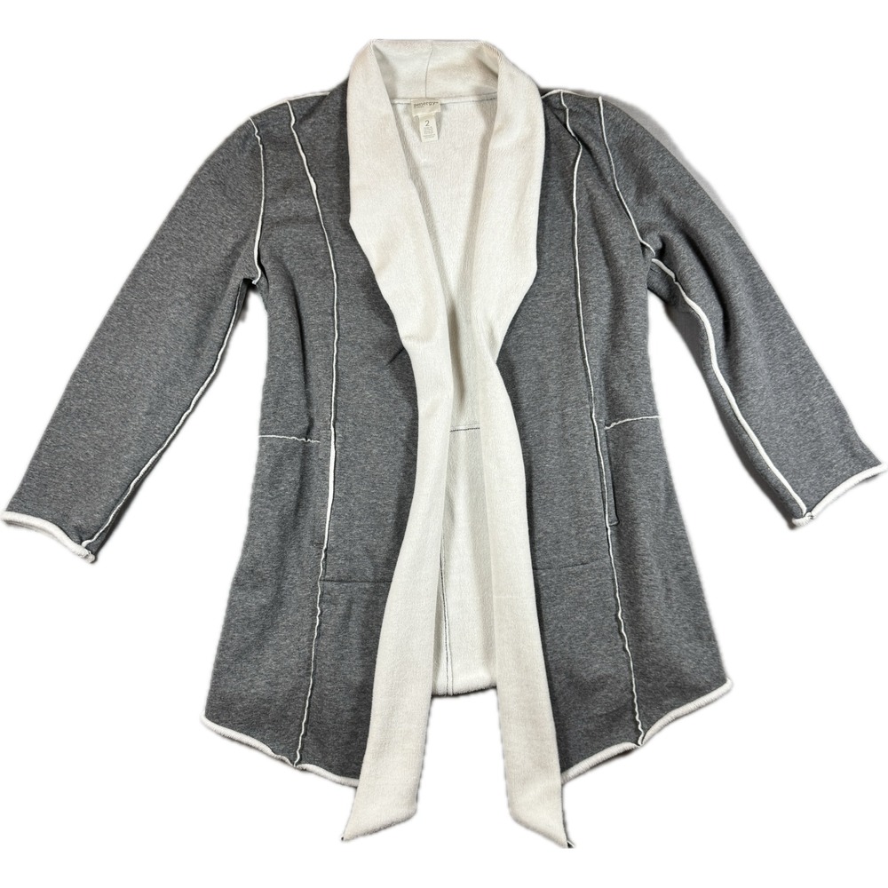 Zenergy by Chicos Cardigan Women Size 2 Gray Open Front Contrast Trim Lagenlook